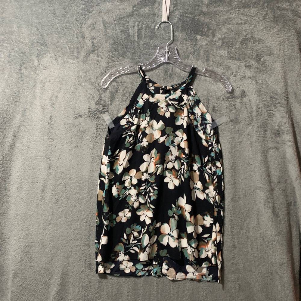 The Limited Petite XS Halter Top‎ Floral Black Teal Sleeveless Blouse Tie Back